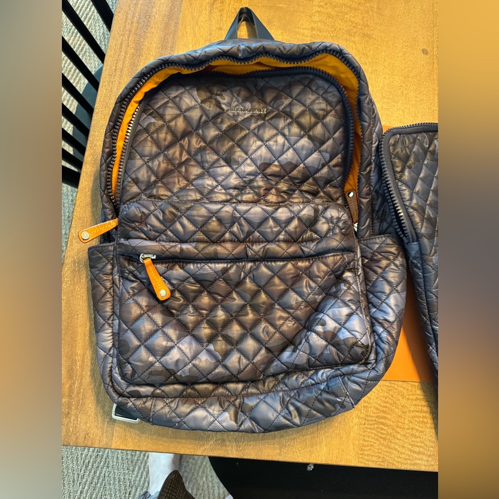 MZ Wallace Metro backpack in blue camo with matching laptop sleeve